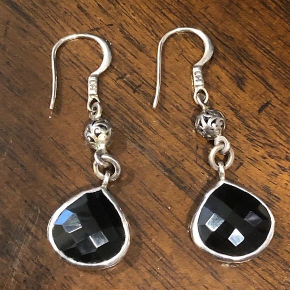 Lois Hill Sterling Silver Black Onyx Faceted Drop Dangle Earrings - Picture 1 of 13